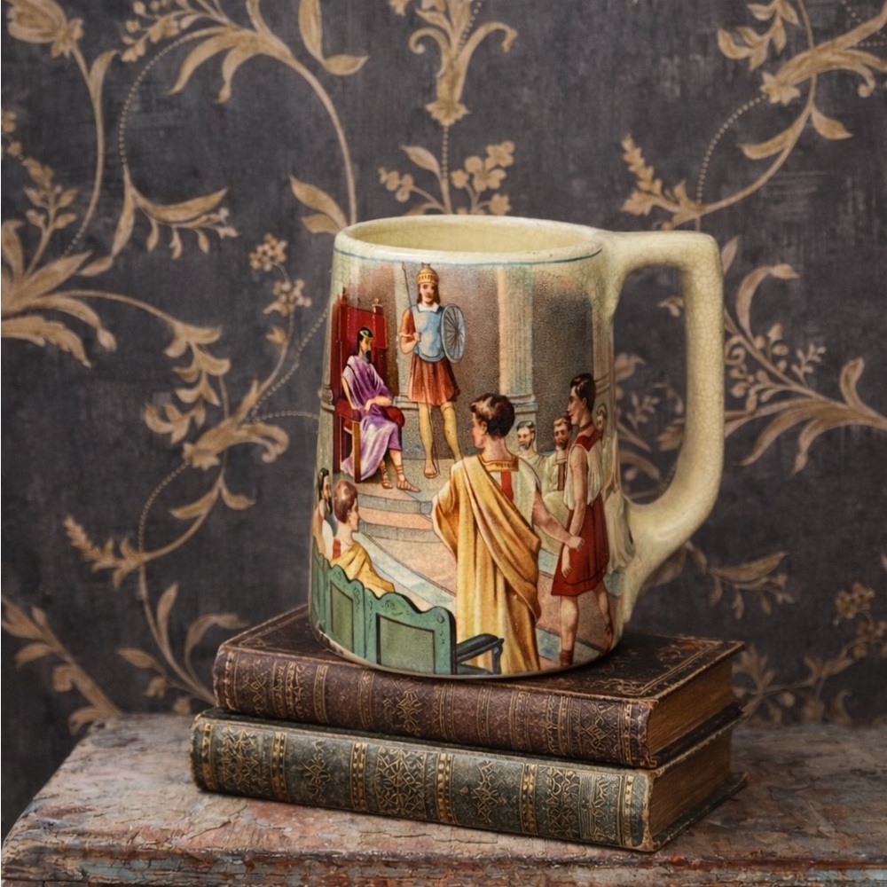 Antique Roman Court Scene Ceramic Mug Tripod Base Crazed Glaze c1920